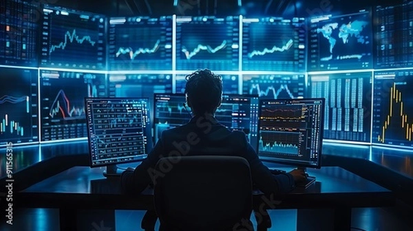Fototapeta A darkened room with multiple glowing screens showing stock market data, night trading session, soft ambient lighting, sleek desk and modern chair, trader focused on charts, hd quality, natural look.