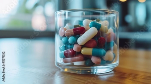 Obraz Clear container filled with various capsules