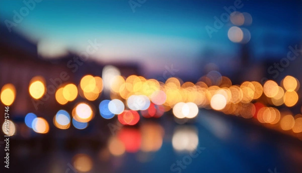 Fototapeta Blurred Night City Lights. Abstract Defocused Urban Street Scene with Warm and Cool Bokeh, Vibrant Colors, and Soft Gradient of Evening Sky Background, Perfect for Modern Digital Art Design Conceps