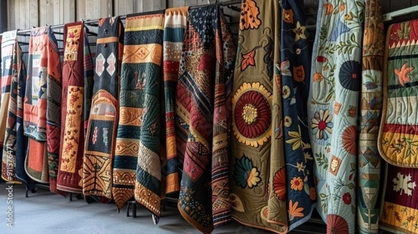 Fototapeta A community quilt display featuring handmade patchwork blankets with Thanksgiving-themed designs and stories. 