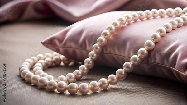 Fototapeta A Symphony of Pink: A Delicate Pearl Necklace Draped Across a Velvet Cushion  Generative AI