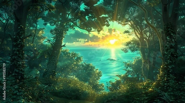 Fototapeta A radiant turquoise sunset in a forest with a coastal background, gleaming over the ocean