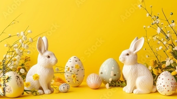 Fototapeta Playful Easter scene with cheerful ceramic bunnies placed on a bright yellow background