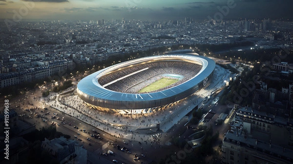 Fototapeta Aerial view of the newly constructed Olympic stadium in Paris, featuring modern architecture and filled with spectators, ready for the 2024 games 