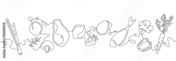Fototapeta Healthe Fresh Food  in Continuous Line Drawing Style isolated on white background. Cooking banner. Vector illustration.