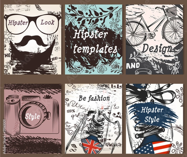 Fototapeta Collection of vintage creative cards with hand sketched hipster