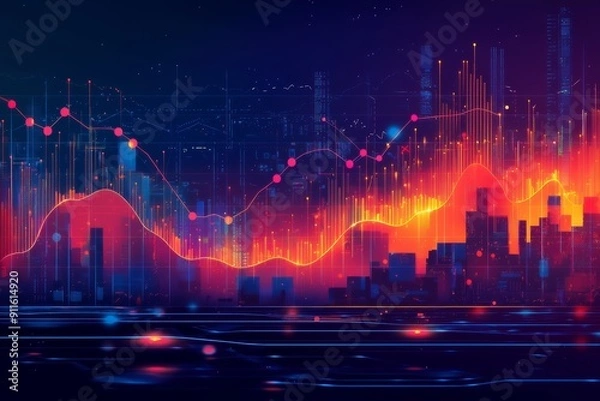 Fototapeta A vibrant digital representation of financial data analysis, showcasing colorful graphs and cityscape elements, symbolizing trends and market dynamics in a modern environment