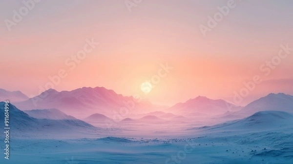 Fototapeta A serene winter landscape at sunset, featuring soft pastel colors, gentle mountain silhouettes, and a tranquil ambiance, creating a peaceful and dreamy atmosphere