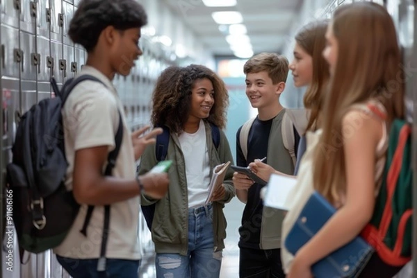 Fototapeta A diverse group of high school students socializing in a hallway, chatting, and smiling. The scene reflects friendship, camaraderie, inclusivity, and engagement in a multicultural academic setting