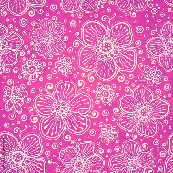 Fototapeta Vector doodle flowers pink seamless pattern