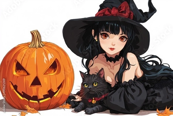 Obraz Enchanting Halloween Witch with Black Cat and Pumpkin