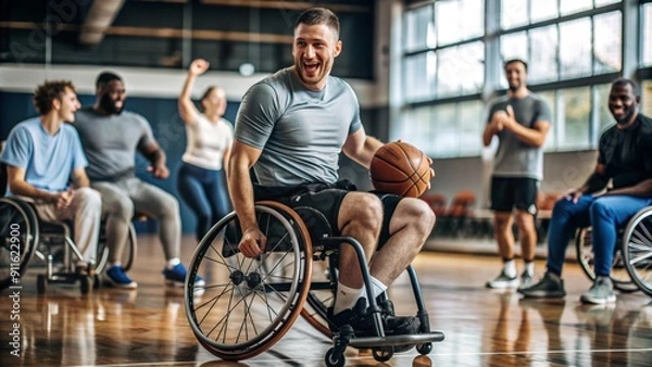 Obraz Group of men playing basketball in a gymnasium, with a focus on a joyful child in a wheelchair, raising arms in victory. The image promotes inclusivity, determination, and the joy of sports