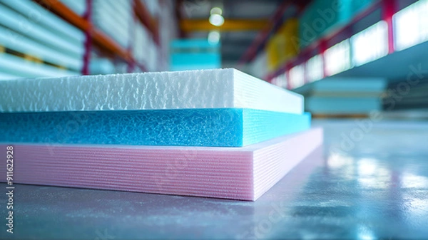 Fototapeta Stack of extruded polystyrene sheets or XPS in industrial warehouse. Top sheet is white with coarse texture, middle one is blue with finer texture, and bottom one is pink, also finely textured