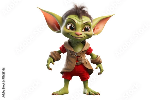 Fototapeta Full Body Cute Goblin PNG isolated Sneaky Green Goblin Female on white and transparent background - Fantasy Mythical Creature Adventure Dungeon game Assets