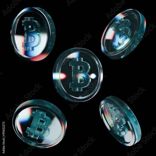 Obraz 3d glass coins rendering dispersion bitcoins set	