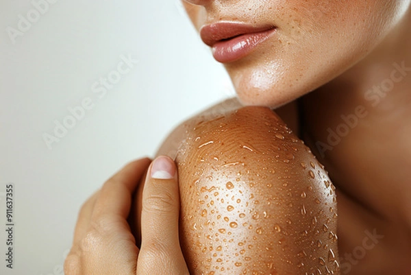Fototapeta Close up photo of a girl showing her shoulders, suitable for use in skincare product advertisements