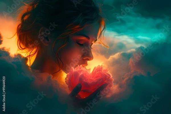 Fototapeta A serene young woman surrounded by mystical clouds, gently cradling a glowing heart. Evokes themes of love, dreams, and inner beauty in a dreamy atmosphere.