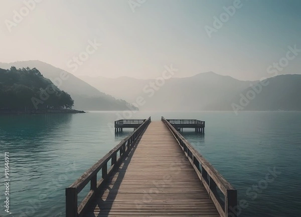 Fototapeta A Beautiful Serene Lake View Featuring a Wooden Pier Set Within a Misty Landscape Scene