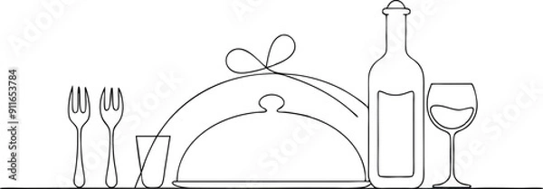 Obraz Continuous Line Drawing of Table Setting with Wine Bottle