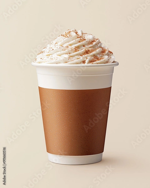 Fototapeta Pumpkin spice latte with whipped cream | Topped with cinnamon | White paper cup with brown sleeve | Beige background | Warm and inviting seasonal drink