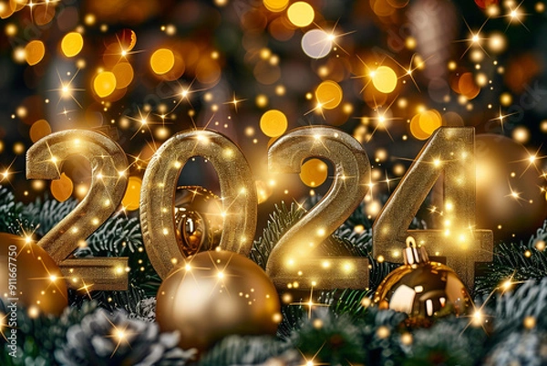 Fototapeta Golden 2024 New Year Celebration with Sparkling Lights