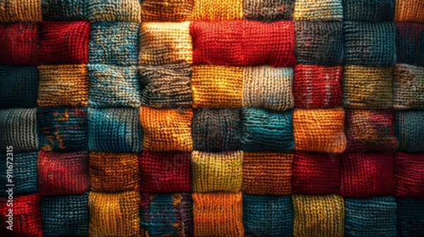 Fototapeta A cozy, warm background made from a patchwork of knitted squares