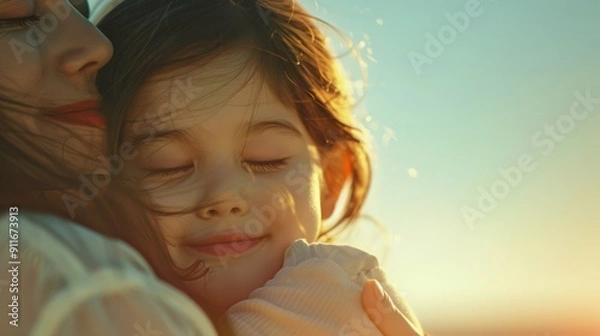 Fototapeta Father, girl, or bonding hug for support, love, or security in home, family, or adoption center. A delighted child embraces a trusted parent in an Indonesian foster center.