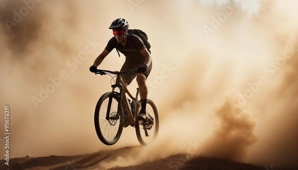 Fototapeta silhouette of a cyclist descending a hill on a mountain bike in dust and smoke
