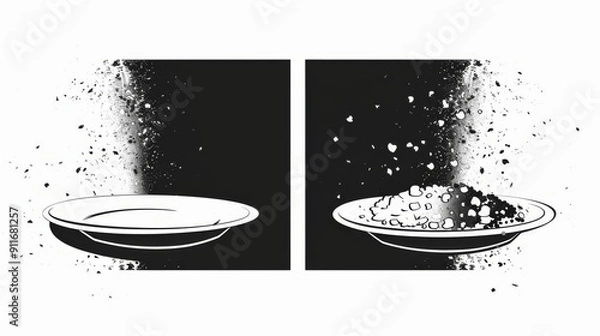 Fototapeta Food security, one with full plate vs one with crumbs, side view, black and white, flat design illustration