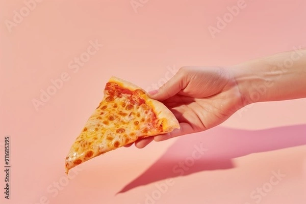 Fototapeta A hand holding a slice of cheese pizza against a soft pink background in bright lighting