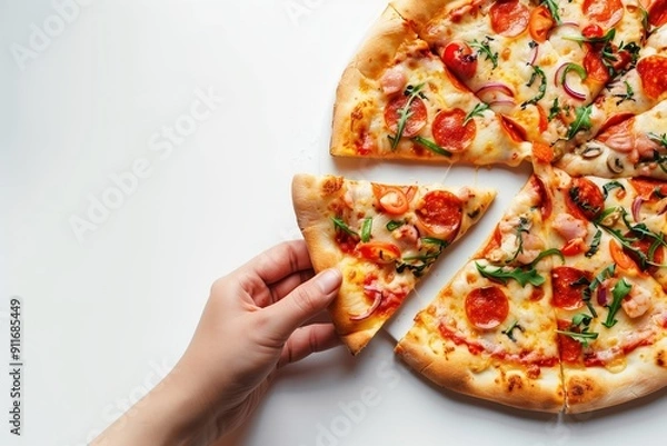 Fototapeta A hand picking up a slice of pepperoni and vegetable pizza from a whole pizza on a white background