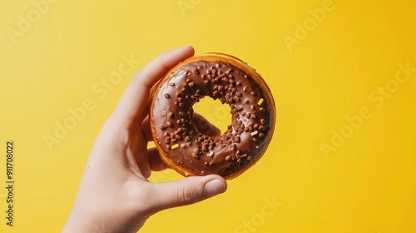 Fototapeta Woman hand holding fresh chocolate coated donut on a yellow background with large copy space for text, tasty sweet dessert delight bakery on yellow.