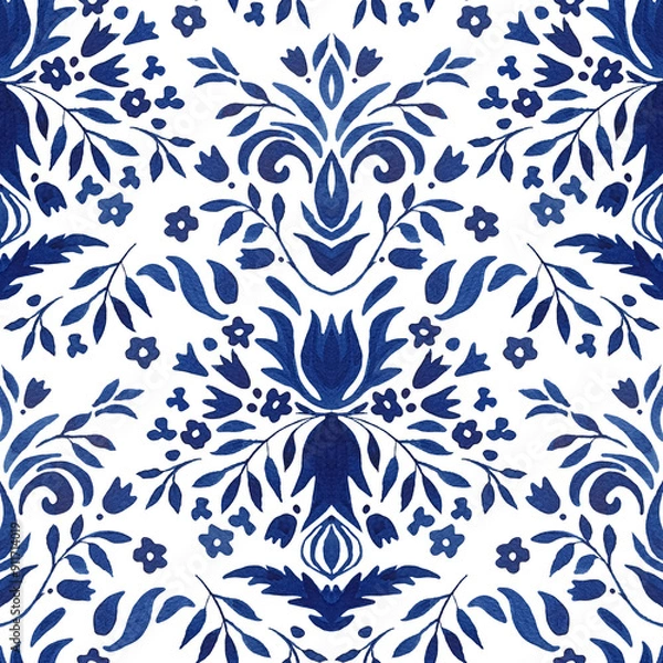 Obraz Gorgeous seamless blue flourish watercolor pattern tiles fabric design. Flowers vignette filigree background.