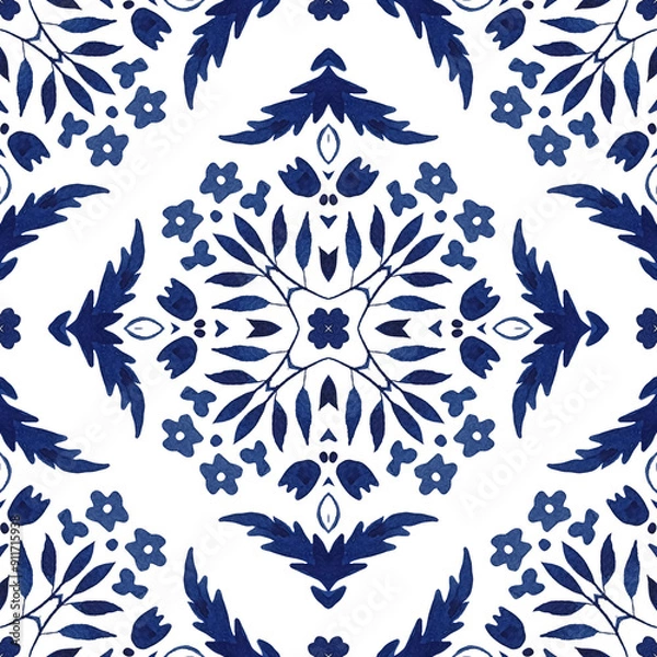 Obraz Gorgeous seamless blue flourish watercolor pattern tiles fabric design. Azulejo spanish tile. Filigree Turkish ornament