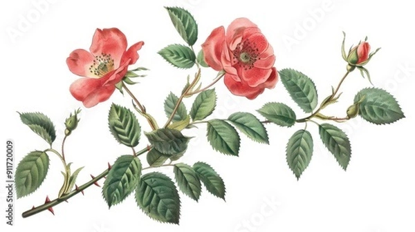 Fototapeta isolated antique botanical illustration of delicate rose blossom on crisp white background