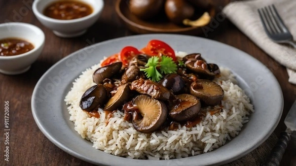 Fototapeta filipino style tapa with mushroom sauce and rice silog art .jpeg