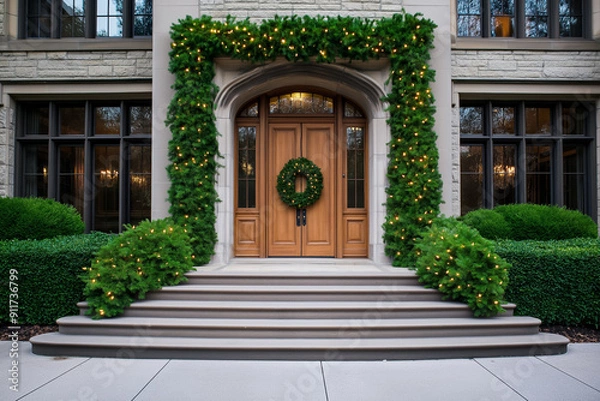 Fototapeta Elegant doors and windowsdecked out in Christmas holiday cheer 