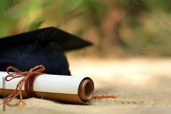 Obraz Graduation cap and diploma scroll isolated on white background