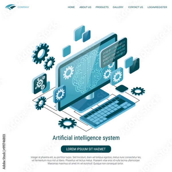 Fototapeta Artificial intelligence system, digital mind flat 3d isometric vector concept illustration