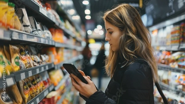 Fototapeta A young woman browses products in a grocery store aisle, focused on her smartphone, surrounded by shelves filled with various packaged goods