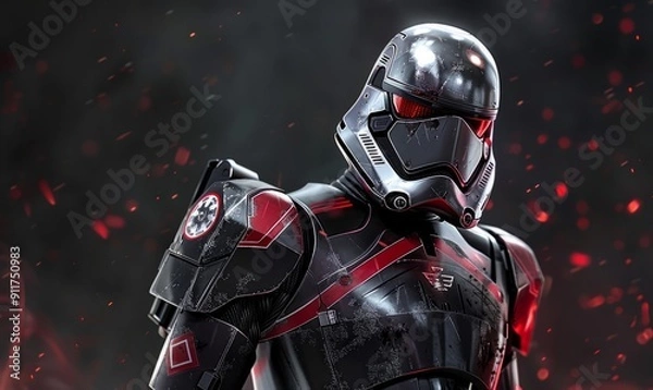 Fototapeta Robot warrior Sleek metal body with resistance emblem and tactical gear