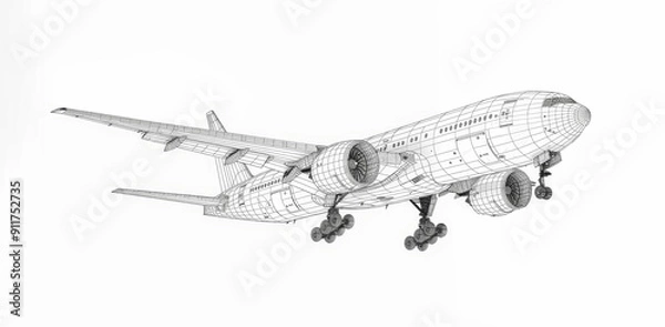 Fototapeta sketch, airplane, fly, transportation, transport, technology, aircraft, vector, modern, outline, air, wire-frame, flight, object, wing, blueprint, wire frame, drawing, aviation, plane, travel, illustr