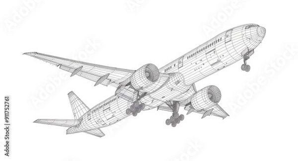 Fototapeta Airplane in wire-frame style on white background.