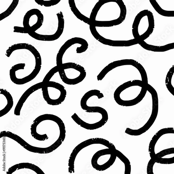 Fototapeta Square hand drawn pattern, pencil playful short black lines on white background. Textured curved stripes, grunge effect, doodle abstract spirals and organic shapes.