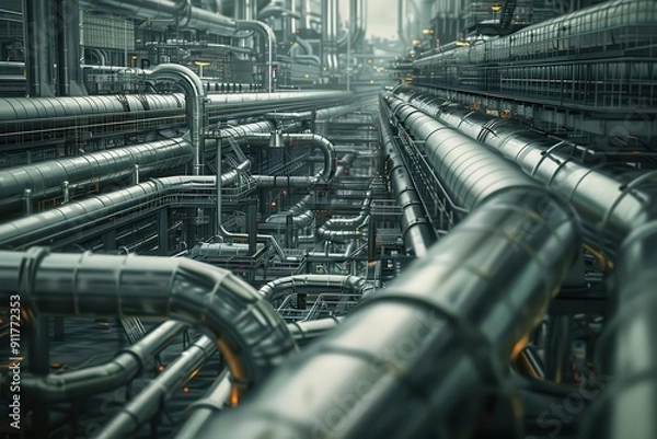 Fototapeta intricate network of industrial pipelines metallic sheen winding through a vast factory landscape