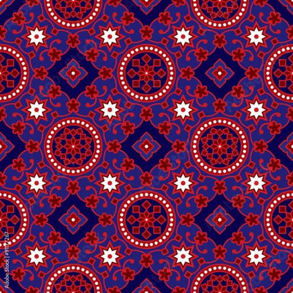 Fototapeta Blue & Red Sindhi Ajrak Vector Pattern