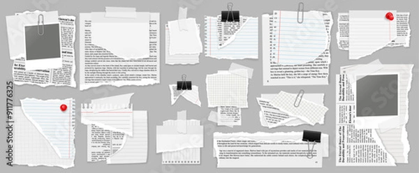 Fototapeta different collage items on top sets of torn paper ripped blocks post its lined and grid with photographs and binder cliips