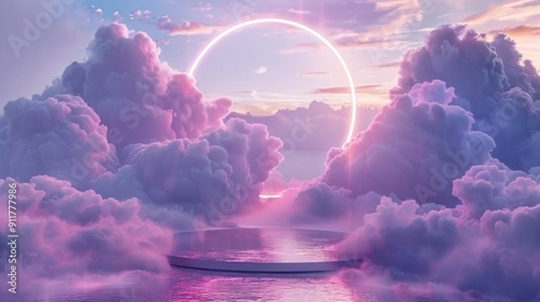 Fototapeta Pink and purple clouds with circular neon light above