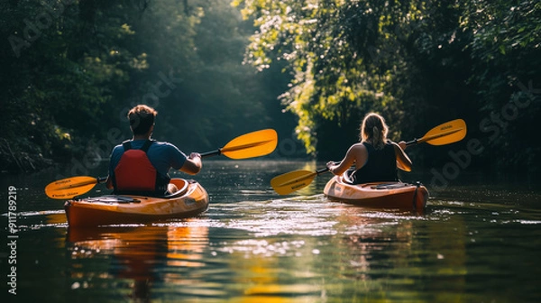 Obraz two people kayaking in river