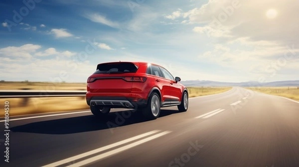 Fototapeta Red modern SUV riding desert highway. Generative ai